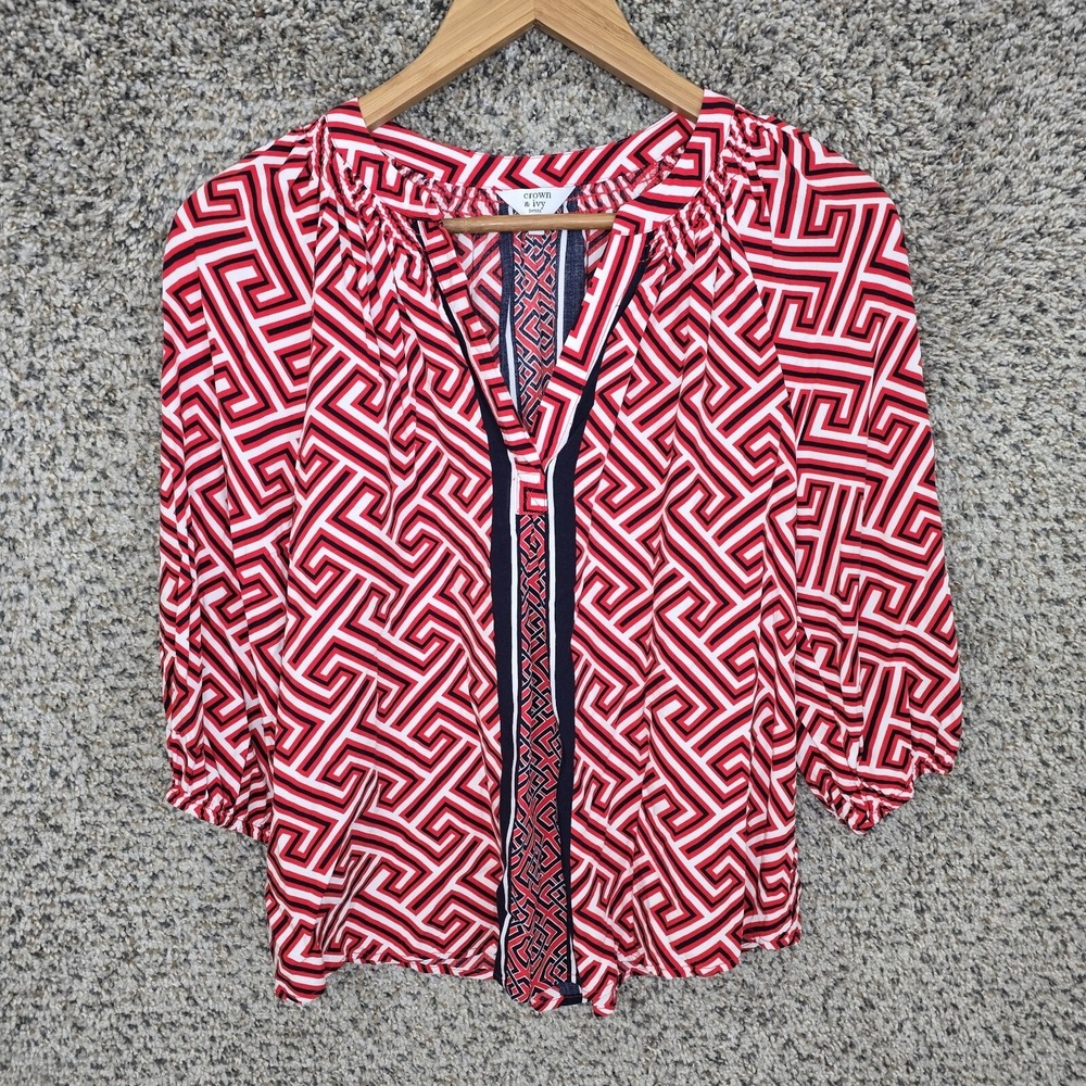 Crown & Ivy Top Womens PM Petite Medium Red Printed Peasant Blouse V Neck Ladies